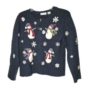 Croft & Barrow Winter Snowman Cardigan Sweater  Sz PS Blue Silk Wool Acrylic